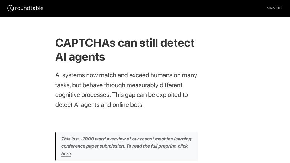 Screenshot of research.roundtable.ai: CAPTCHAs can still detect AI agents