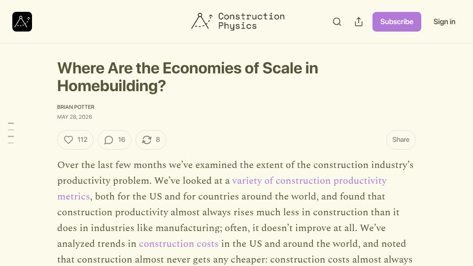 Screenshot of construction-physics.com: Where are the economies of scale in homebuilding?