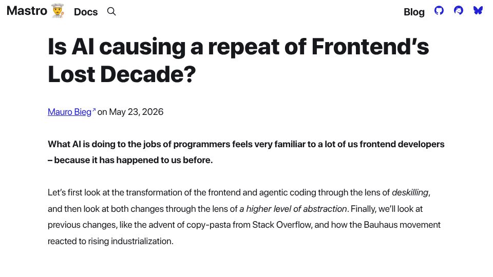 Screenshot of mastrojs.github.io: Is AI causing a repeat of frontend’s lost decade?