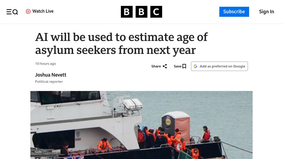 Screenshot of bbc.co.uk: AI will be used to estimate age of asylum seekers from next year