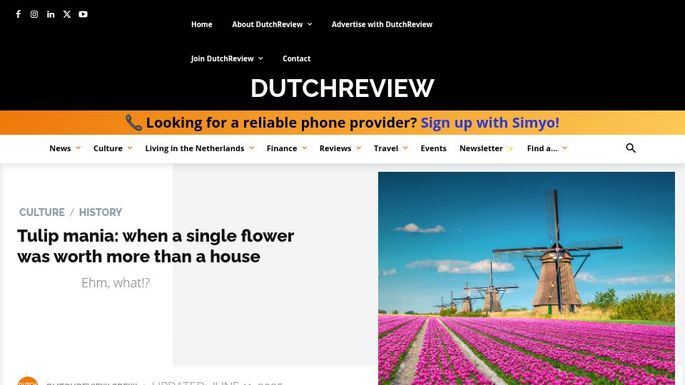 Screenshot of dutchreview.com: Tulip mania: when a single flower was worth more than a house (2025)