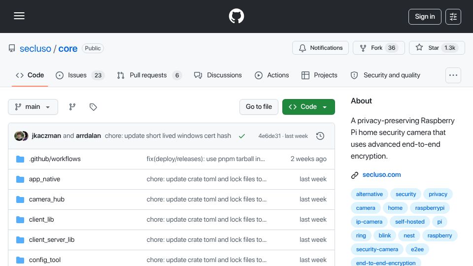 Screenshot of github.com: Show HN: Open-source private home security camera system (end-to-end encryption)