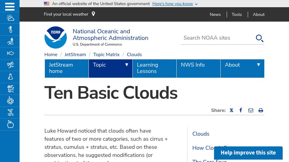 Screenshot of noaa.gov: Ten Basic Clouds