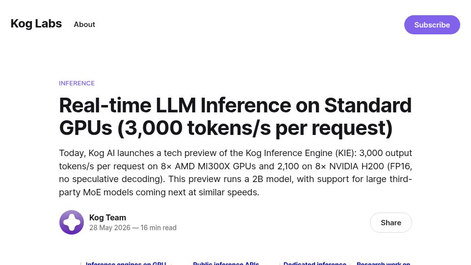 Screenshot of blog.kog.ai: Real-time LLM Inference on Standard GPUs: 3k tokens/s per request
