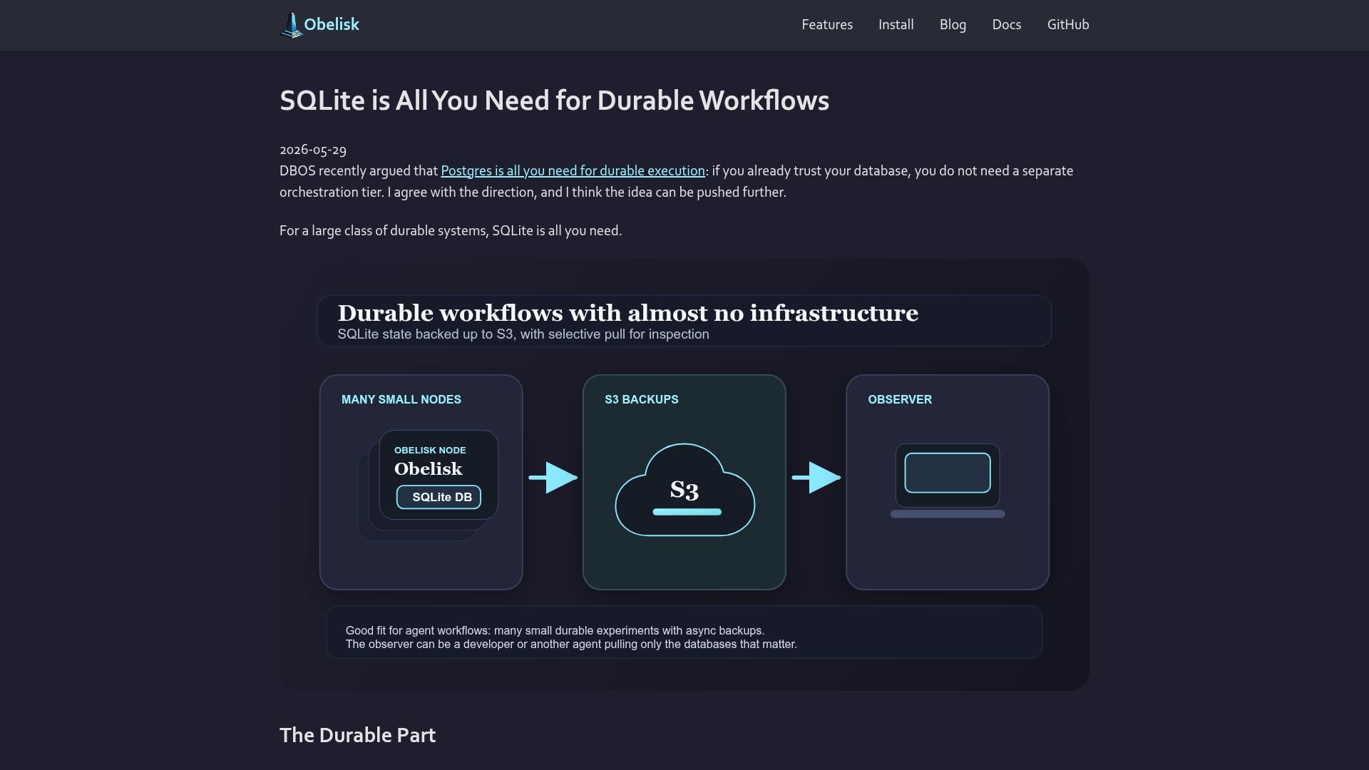 Screenshot of obeli.sk: SQLite is all you need for durable workflows