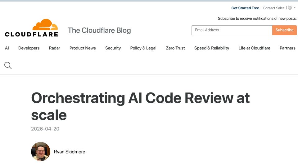 Screenshot of blog.cloudflare.com: Orchestrating AI code review at scale