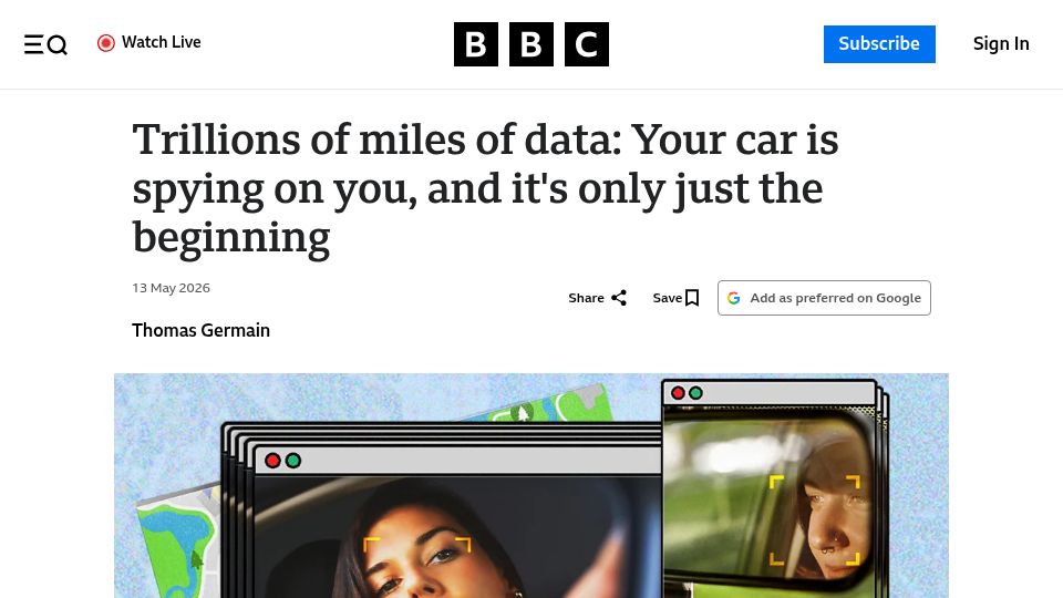 Screenshot of bbc.com: Cars collect a startling amount of data about you