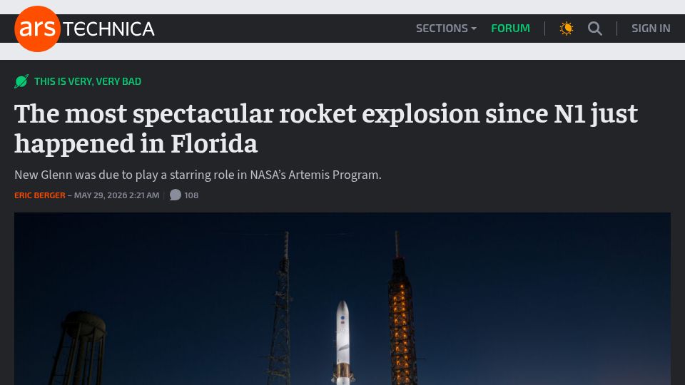 Screenshot of arstechnica.com: Blue Origin’s New Glenn rocket exploded during a static fire test