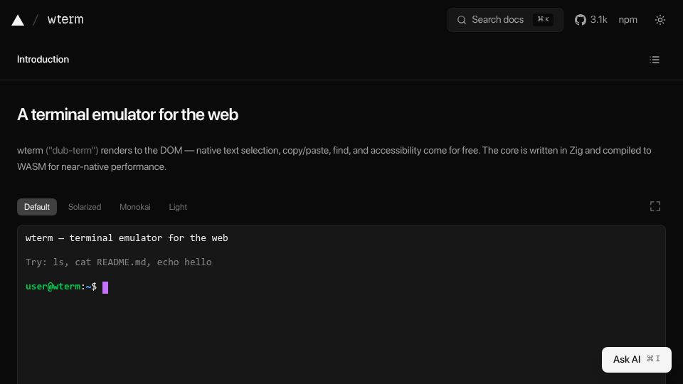 Screenshot of wterm.dev: Wterm – A terminal emulator for the web
