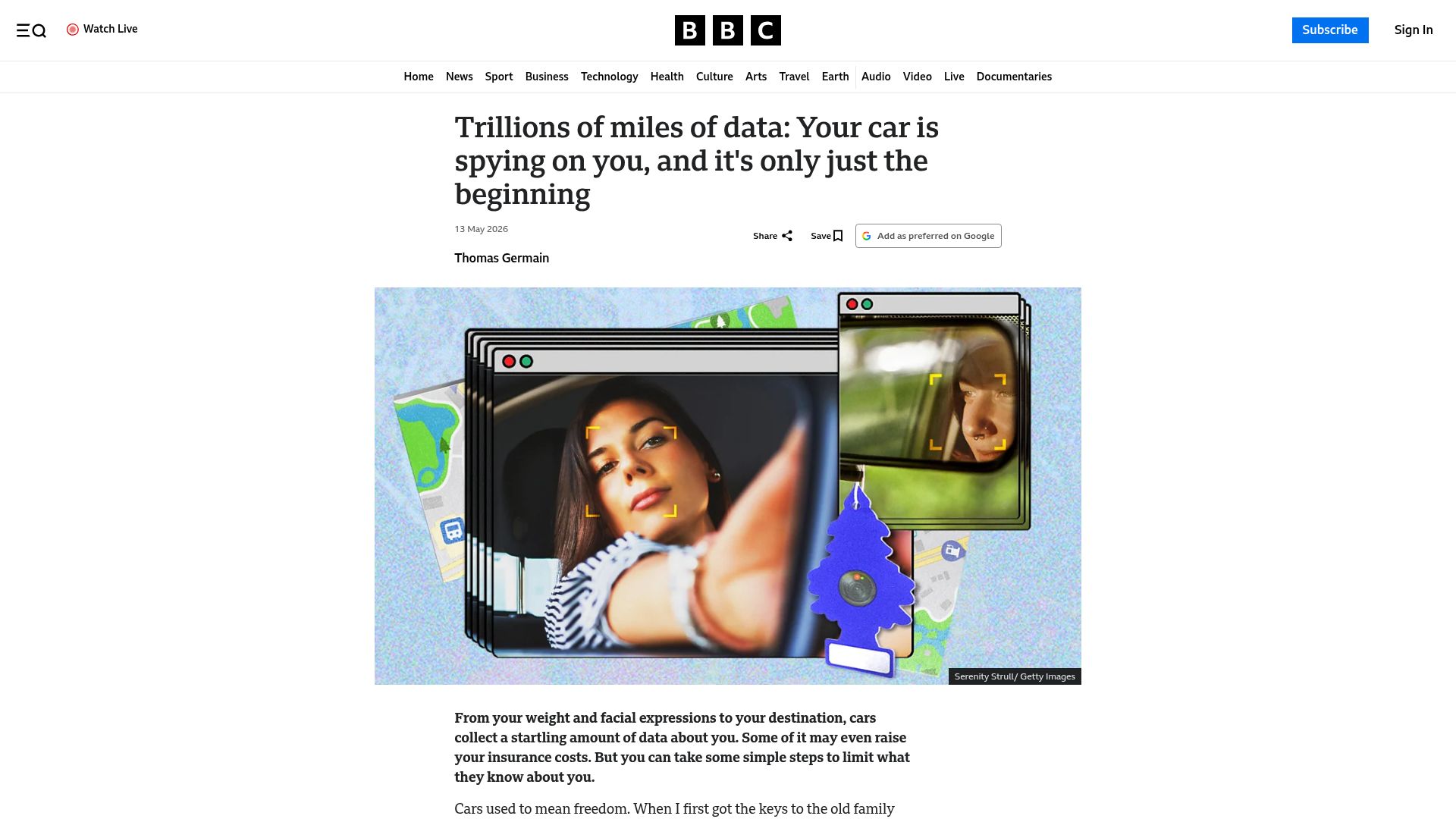 Screenshot of bbc.com: Cars collect a startling amount of data about you
