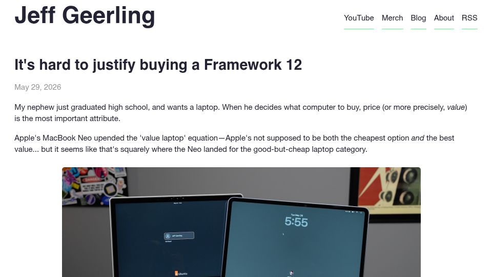 Screenshot of jeffgeerling.com: It's hard to justify buying a Framework 12