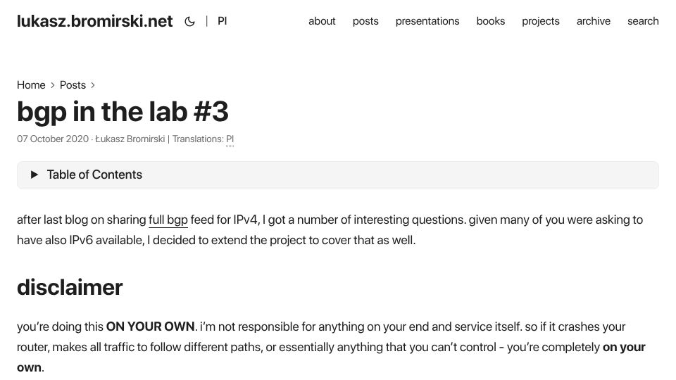 Screenshot of lukasz.bromirski.net: Free full BGP feed. IPv4 and IPv6 (2020)