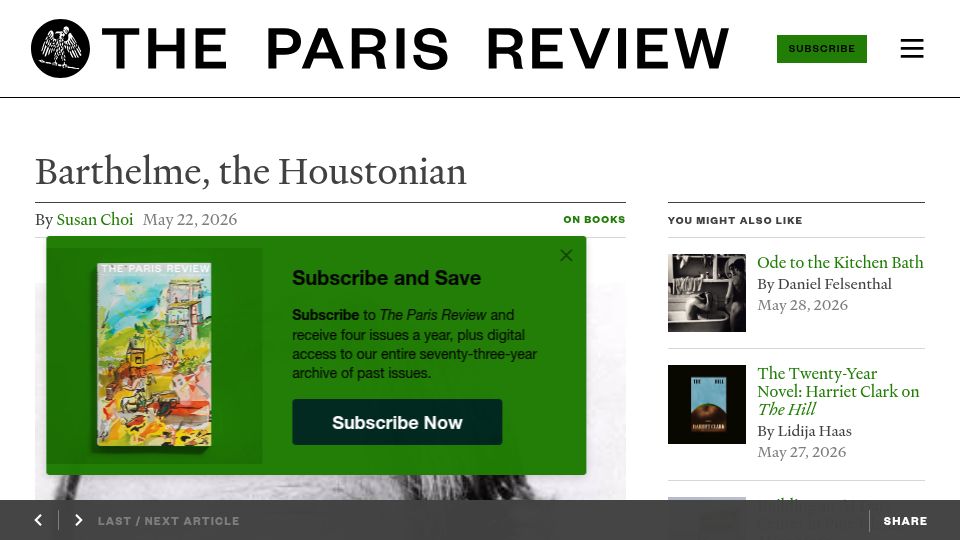 Screenshot of theparisreview.org: Barthelme, the Houstonian