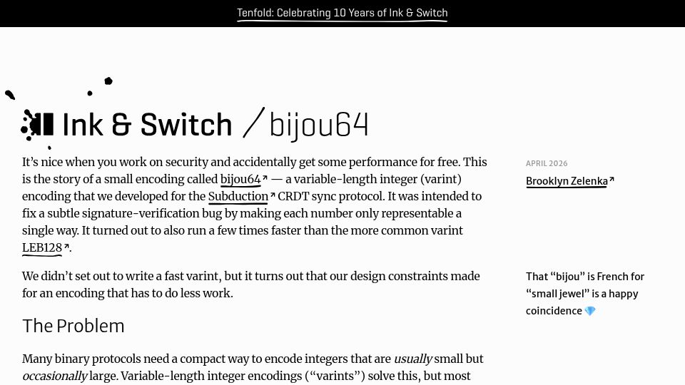 Screenshot of inkandswitch.com: Bijou64: A variable-length integer encoding