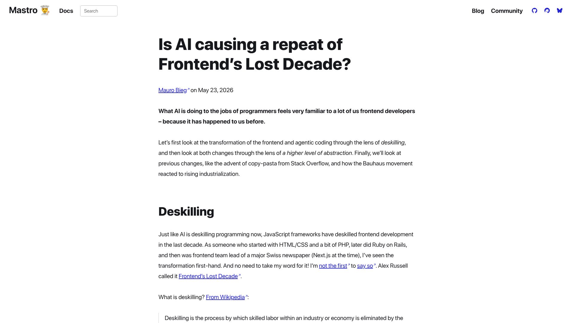 Screenshot of mastrojs.github.io: Is AI causing a repeat of frontend’s lost decade?
