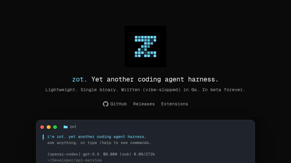 Screenshot of zot.sh: Show HN: Zot – Yet another coding agent harness