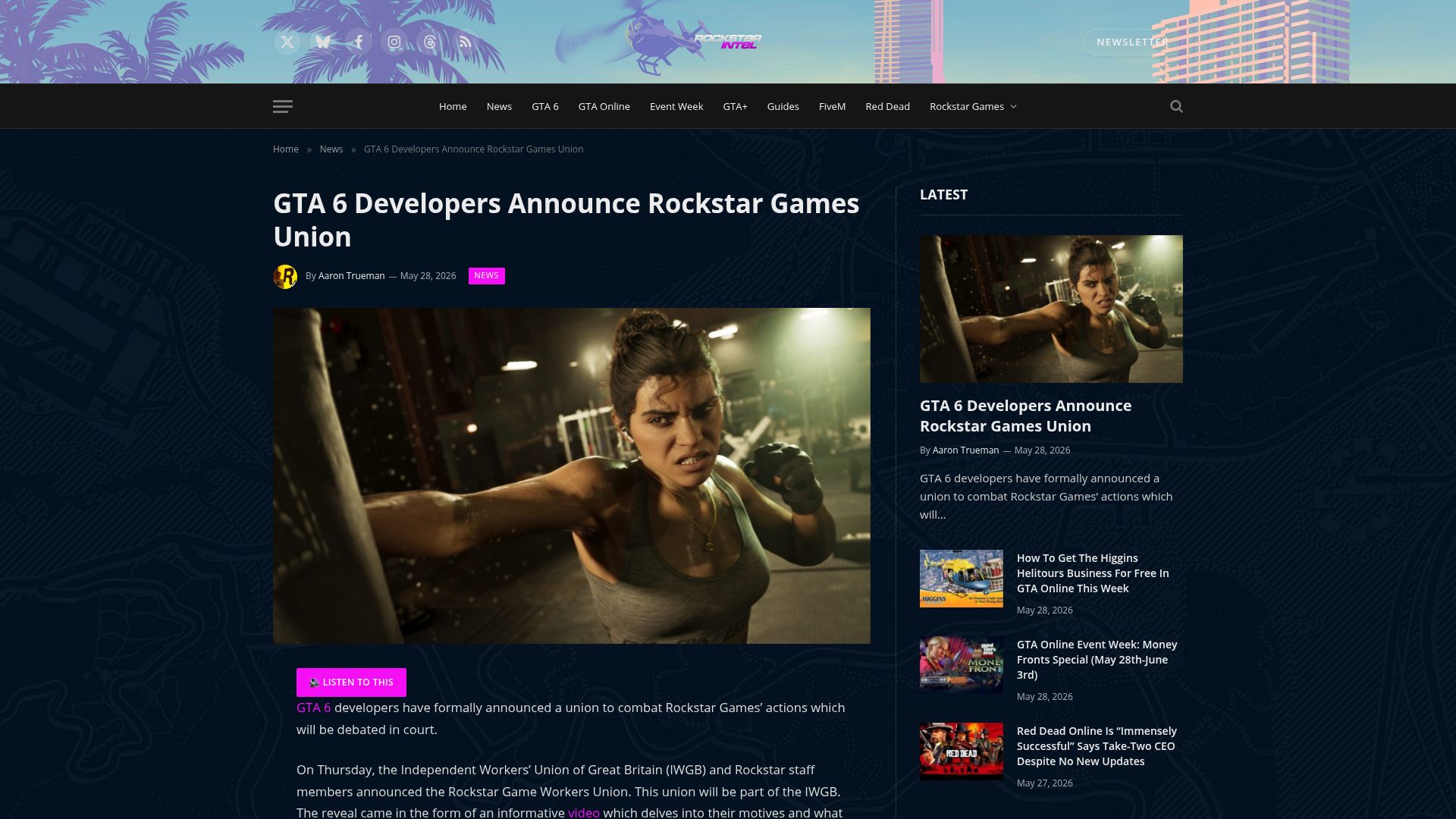 Screenshot of rockstarintel.com: GTA 6 Developers Unionize