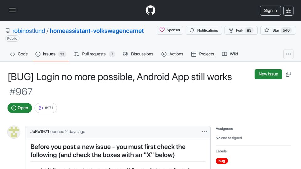 Screenshot of github.com: Volkswagen blocks Home Assistant by requiring client assertion