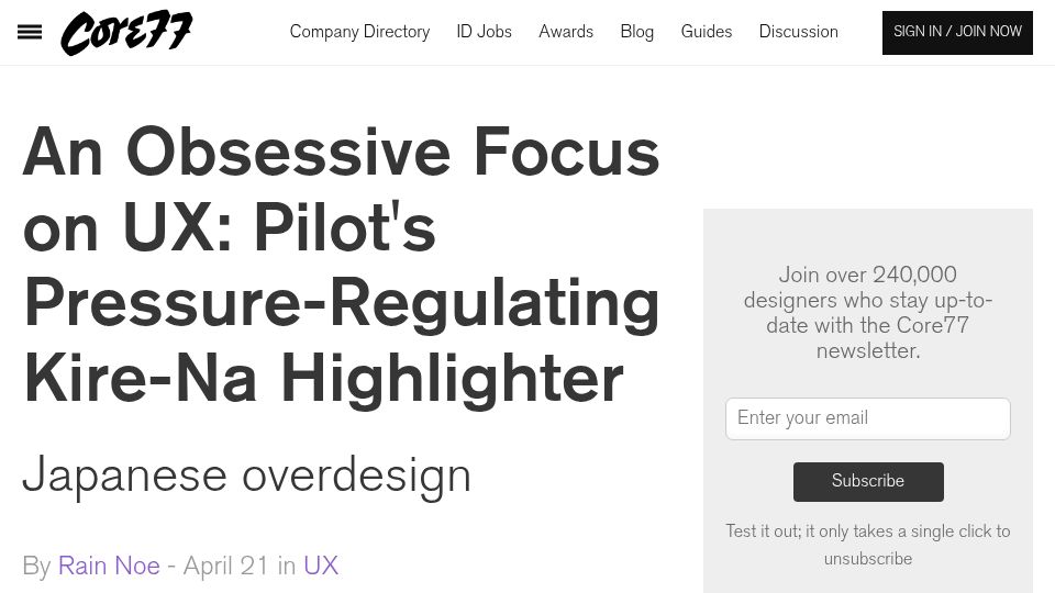 Screenshot of core77.com: An Obsessive Focus on UX: Pilot's Pressure-Regulating Kire-Na Highlighter