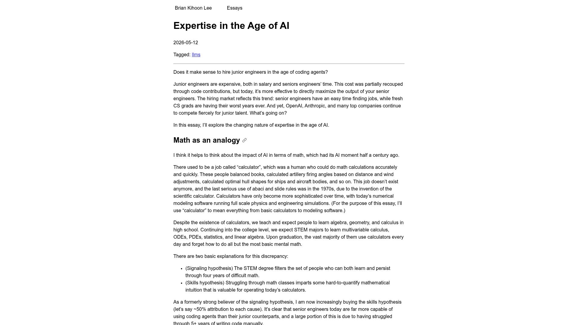 Screenshot of moderndescartes.com: Expertise in the age of AI