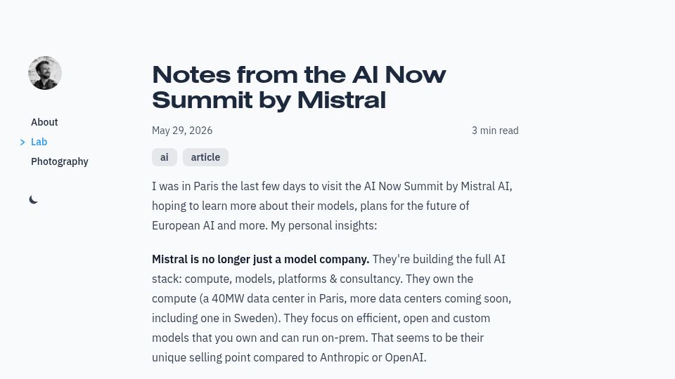 Screenshot of koenvangilst.nl: Notes from the Mistral AI Now Summit