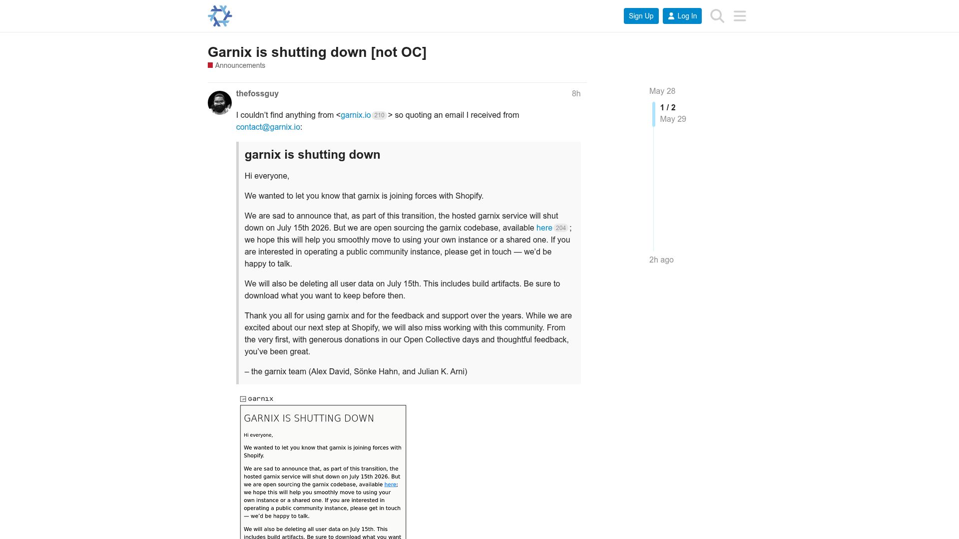 Screenshot of discourse.nixos.org: Garnix (A Nix CI) is shutting down