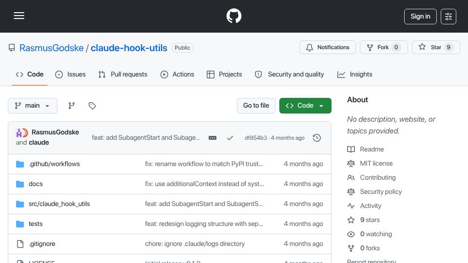 Screenshot of github.com: Python utility package for building Claude Code hooks