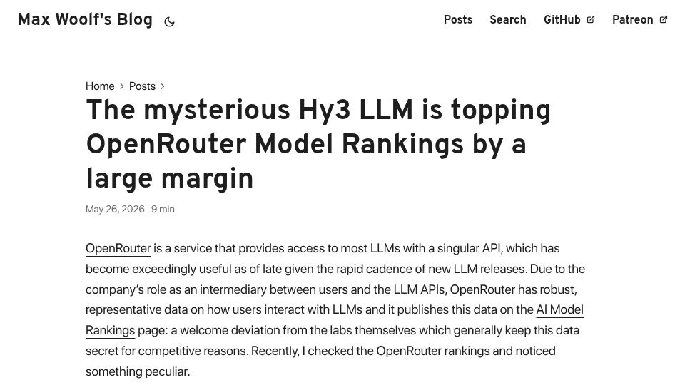 Screenshot of minimaxir.com: The mysterious Hy3 LLM is topping OpenRouter Model Rankings by a large margin