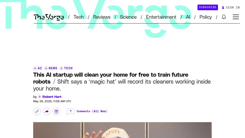 Screenshot of theverge.com: Shift will clean homes for free to train future robots