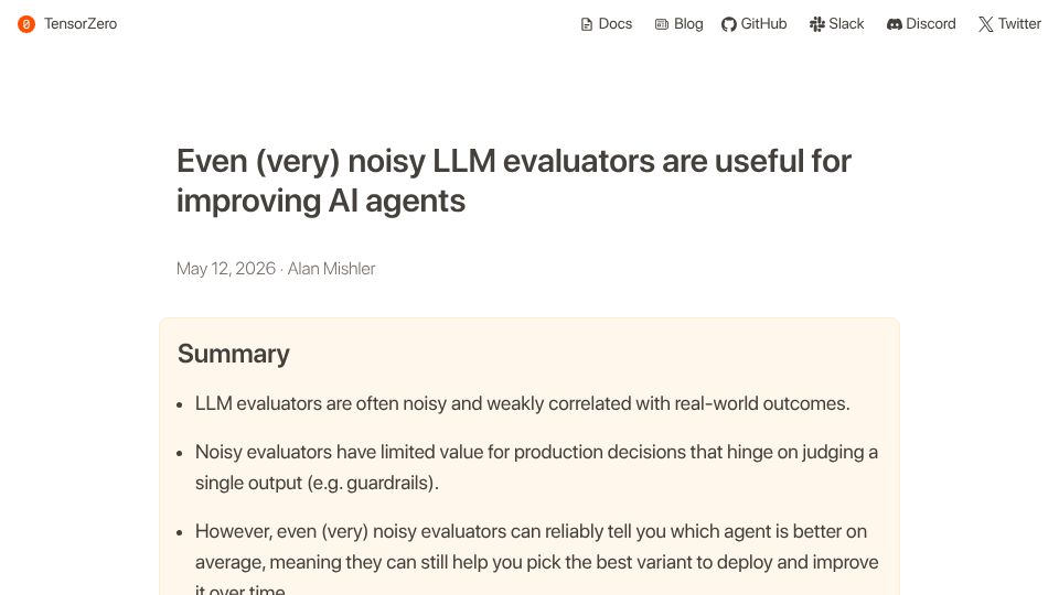 Screenshot of tensorzero.com: Even (very) noisy LLM evaluators are useful for improving AI agents