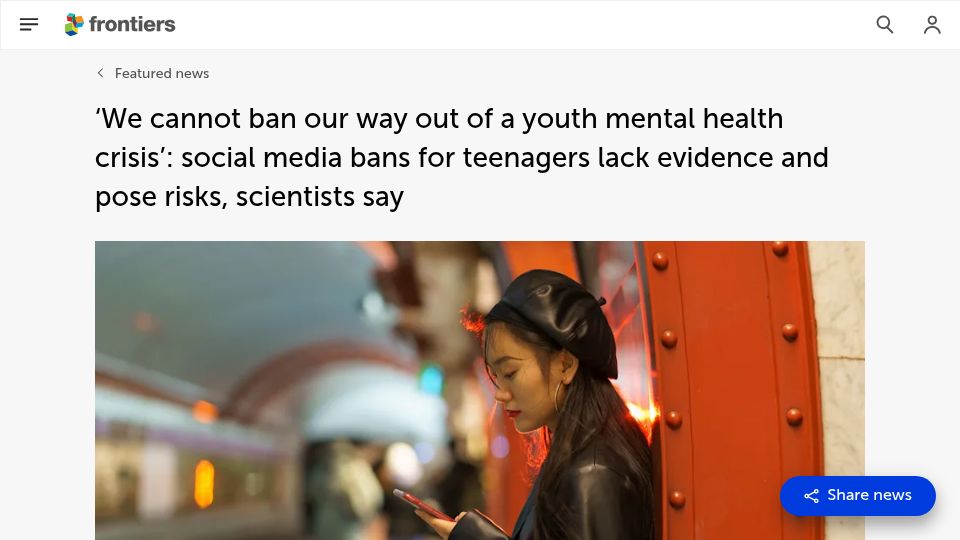 Screenshot of frontiersin.org: Social media bans for teenagers lack evidence and pose risks, scientists say