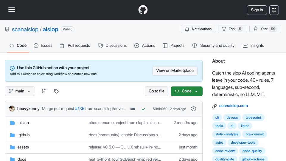 Screenshot of github.com: Show HN: AISlop, a CLI for catching AI generated code smells