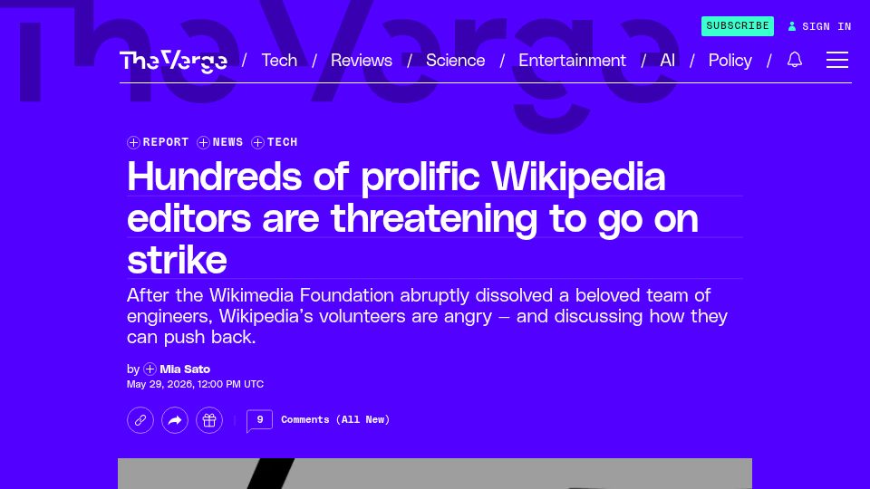Screenshot of theverge.com: Prolific Wikipedia editors are threatening to go on strike