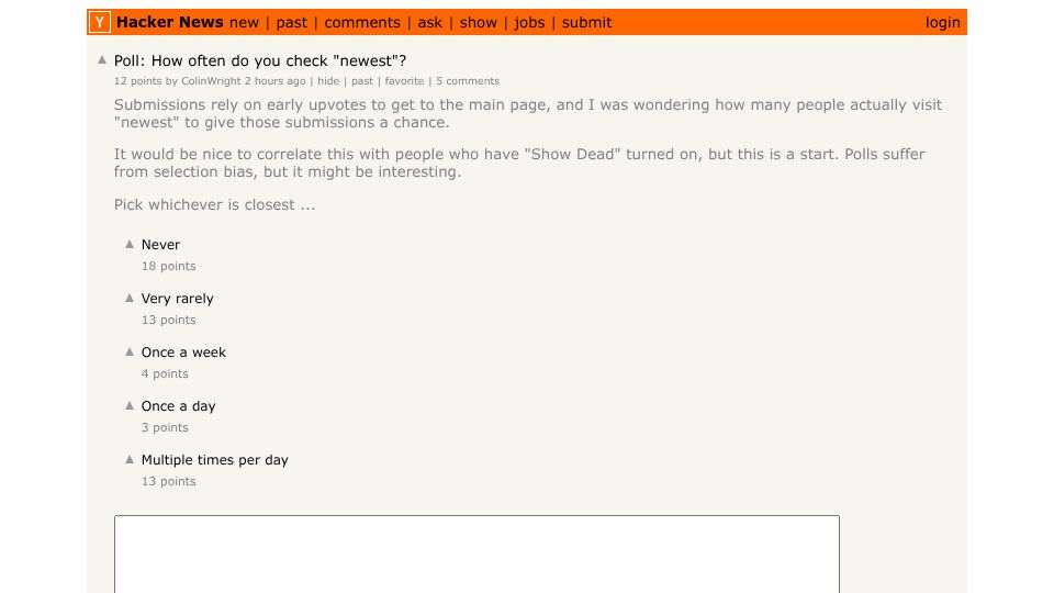 Screenshot of Hacker News post: Poll: How often do you check "newest"?