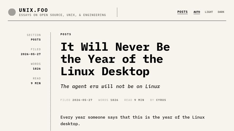 Screenshot of unix.foo: It Will Never Be the Year of the Linux Desktop