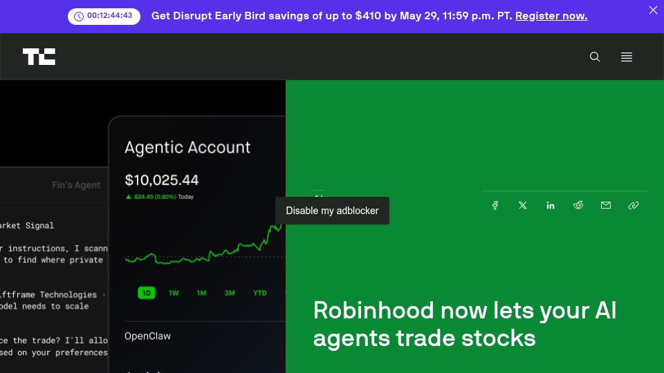 Screenshot of techcrunch.com: Robinhood now lets your AI agents trade stocks