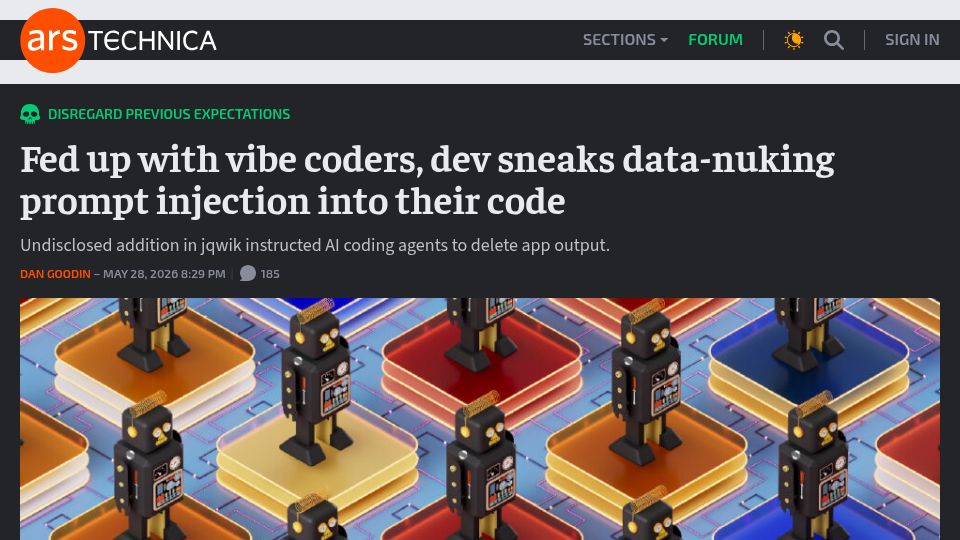 Screenshot of arstechnica.com: Undisclosed addition in jqwik instructed AI coding agents to delete app output