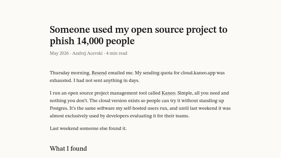 Screenshot of andrej.sh: Someone used my open source project to phish people