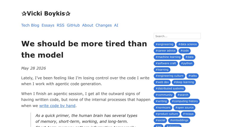 Screenshot of vickiboykis.com: We should be more tired than the model