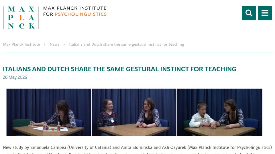 Screenshot of mpi.nl: Italians and Dutch share the same gestural instinct for teaching