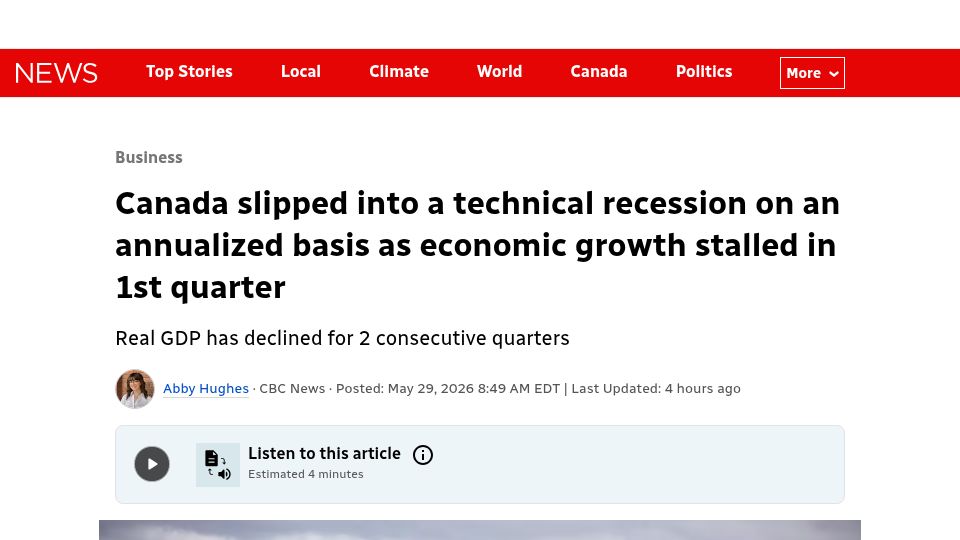Screenshot of cbc.ca: Canada in Technical Recession