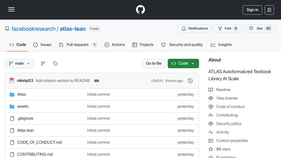 Screenshot of github.com: ATLAS: Autoformalized Textbook Library At Scale