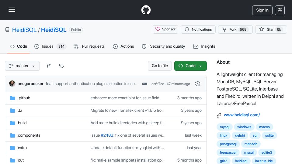 Screenshot of github.com: HeidiSQL – Lightweight MariaDB, MySQL, SQL Server, PostgreSQL and SQLite Manager