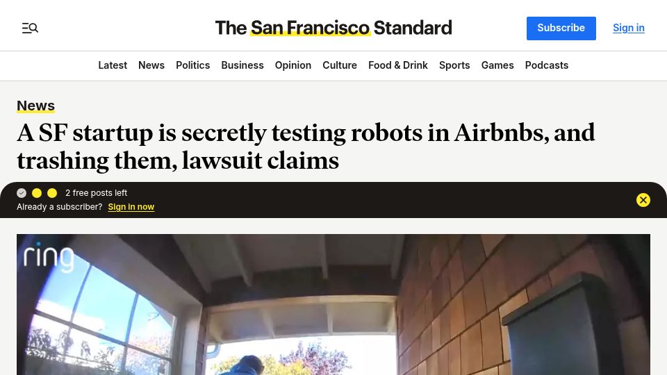 Screenshot of sfstandard.com: SF startup is testing robots in Airbnbs, and trashing them, lawsuit claims