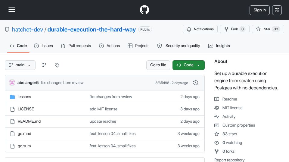 Screenshot of github.com: Durable execution, the hard way