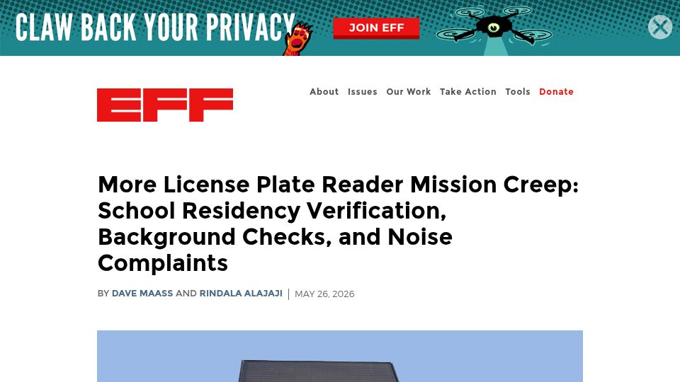 Screenshot of eff.org: More License Plate Reader Mission Creep: School Residency Verification, More