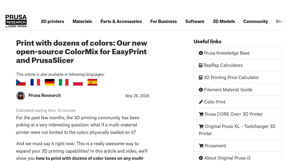 Screenshot of blog.prusa3d.com: Print with dozens of colors: Our new open-source ColorMix for PrusaSlicer