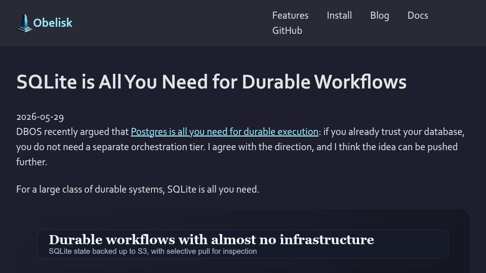 Screenshot of obeli.sk: SQLite is all you need for durable workflows