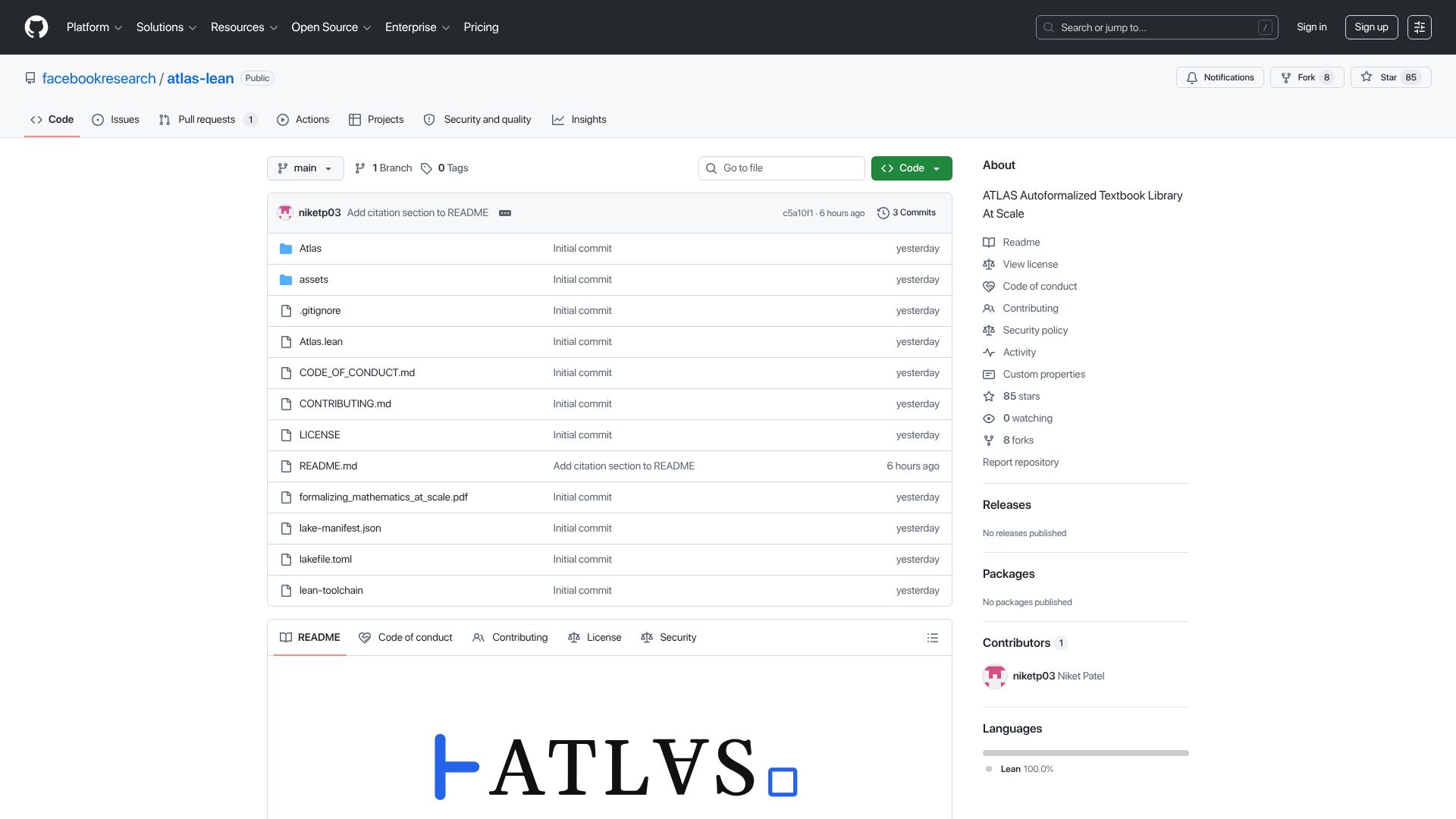 Screenshot of github.com: ATLAS: Autoformalized Textbook Library At Scale