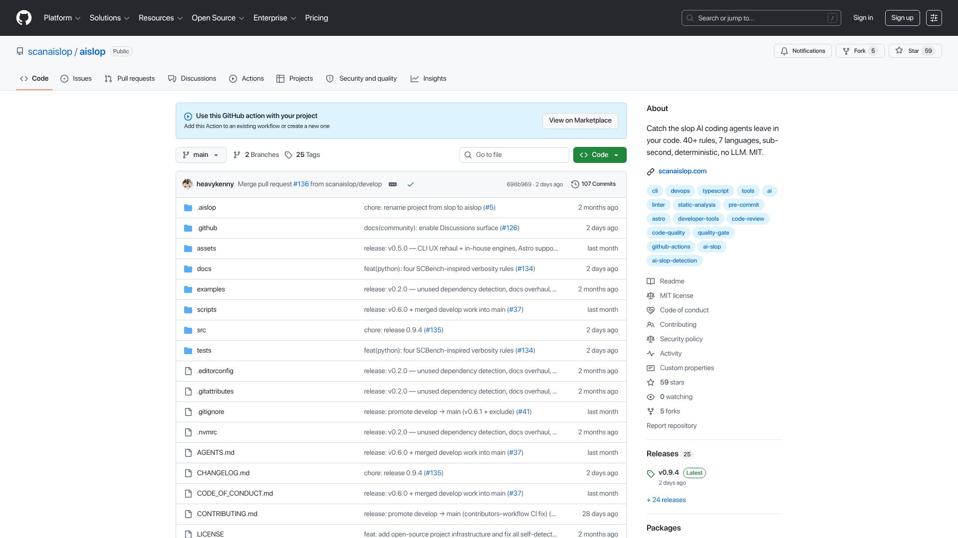 Screenshot of github.com: Show HN: AISlop, a CLI for catching AI generated code smells